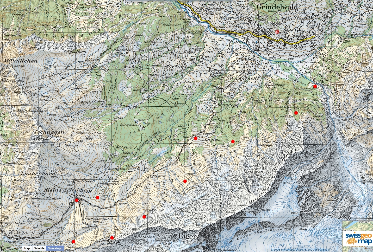 map and hiking trail at the eiger from the gletscherschlucht to the small scheidegg