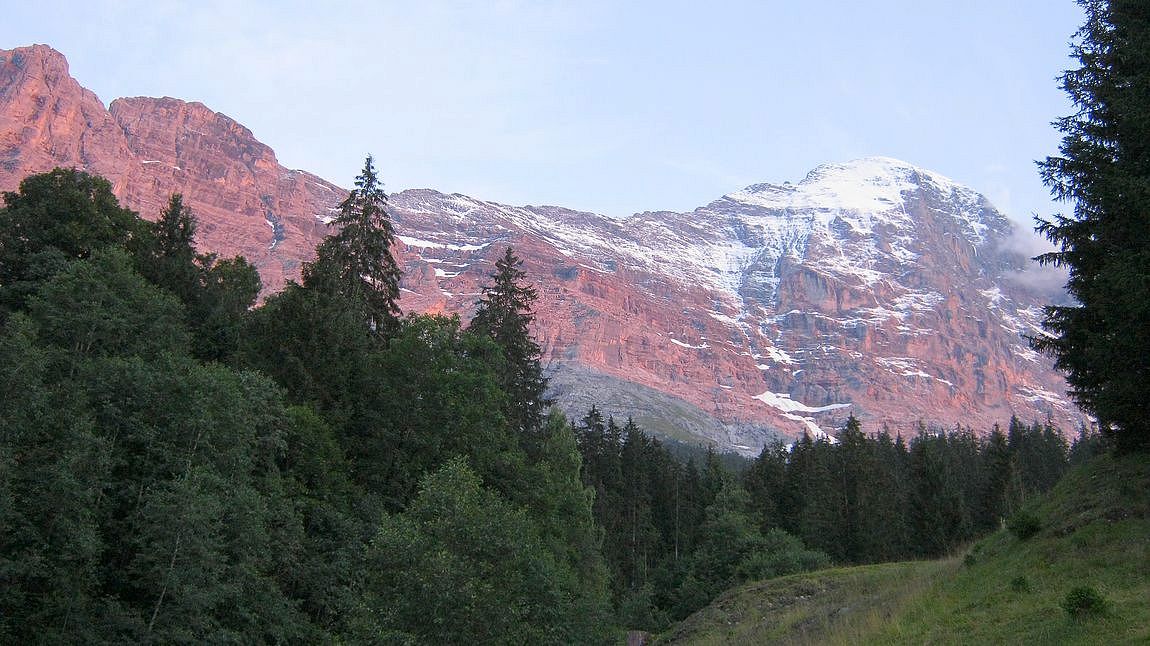 sunset on the north face of the eiger seen from the romantic trail of the kleine scheidegg