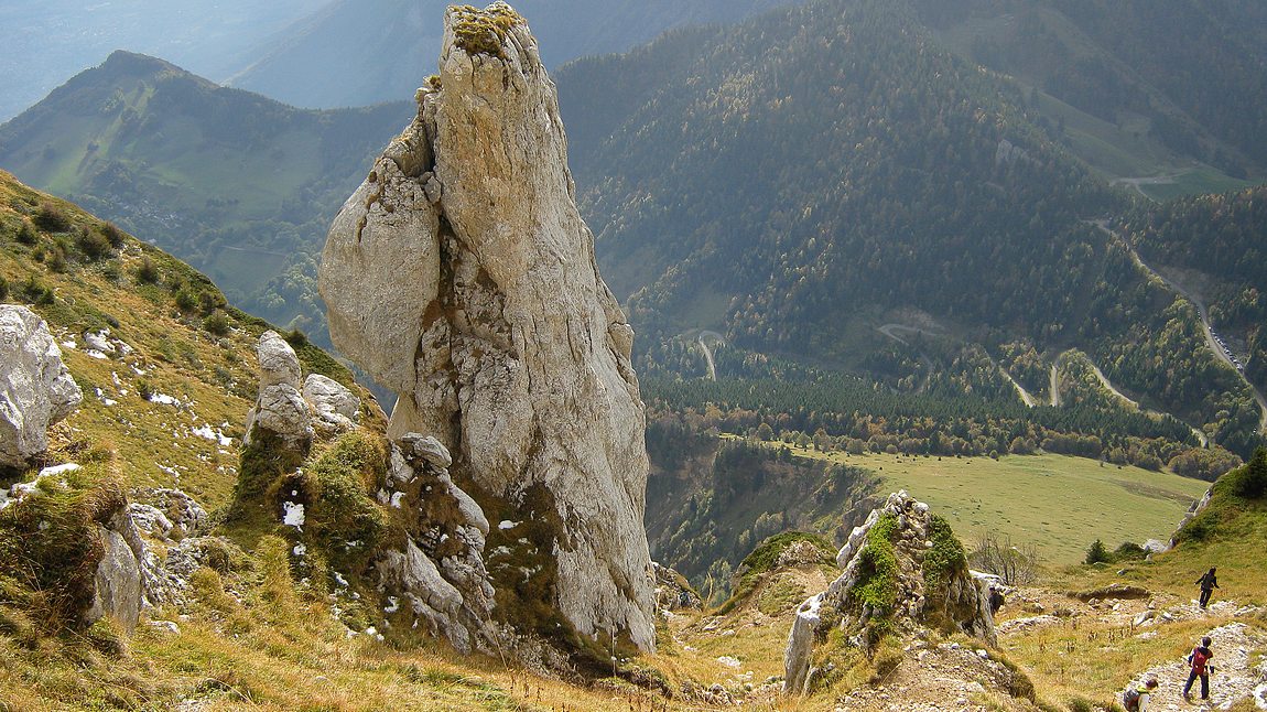 rocky monolith coming down from the tooth of crolles at the ayes pass